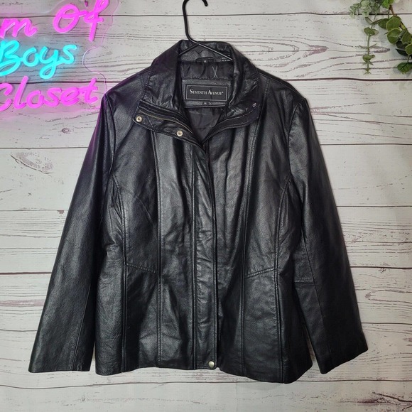 Seventh Avenue Black 100% Leather Snap Button Zip Up Jacket Womans Size XL Y2K - Picture 1 of 4